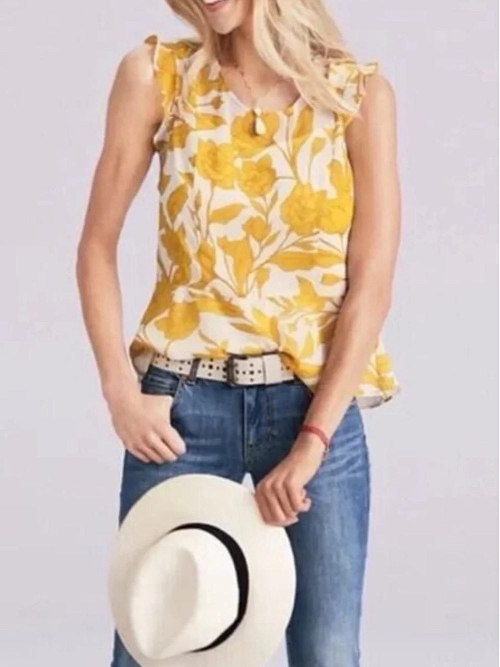 CAbi Sunrise Yellow Floral Peplum Top